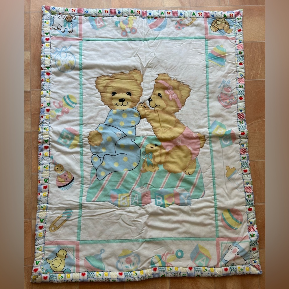 Vintage Baby White Pastel Animal Teddy Bears Patchwork Design Quilt